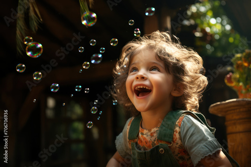 A child gleefully blowing bubbles in the backyard, representing the carefree nature of childhood. Generative Ai.