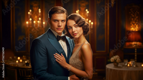 Stunning young couple at a 1920s themed event, man in tuxedo and woman in silver dress, exemplifying roaring twenties fashion in an opulent interior setting.