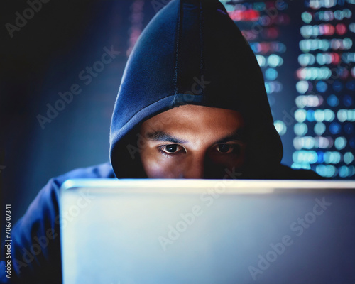 Hacker using laptop computer in dark room, cyber crime concept.