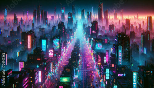 A moody cyberpunk cityscape enveloped in fog, featuring towering futuristic skyscrapers with neon lights