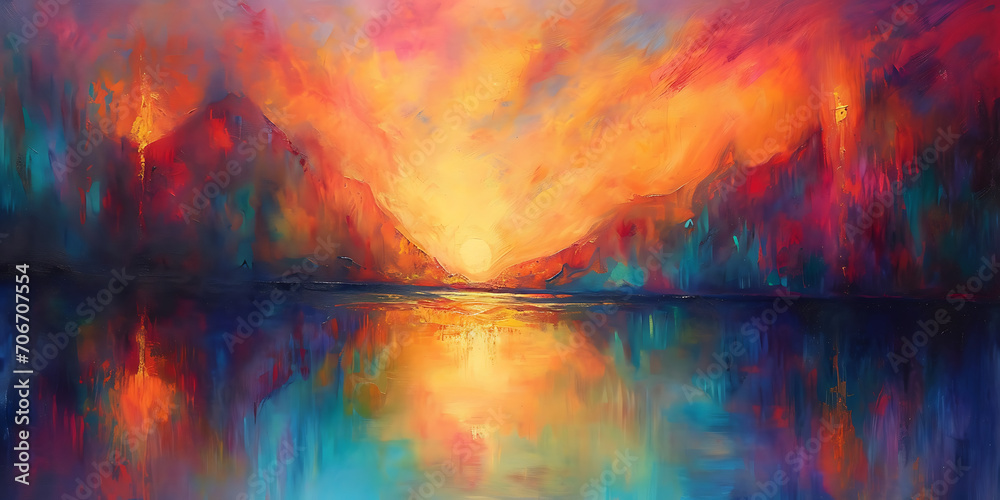 Uma imagem retratando uma paisagem serena no estilo do impressionismo, com pinceladas suaves capturando a jogada de luz na água e cores vibrantes e pontilhadas - obrazy, fototapety, plakaty 