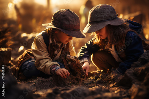 Junior paleontologists on a mock dinosaur dig, sparking an interest in Earth's ancient history. Generative Ai. © Sebastian