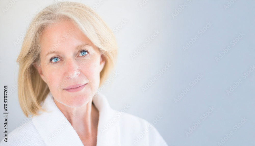 Portrait of smiling mature woman in bathrobe looking at camera with copy space