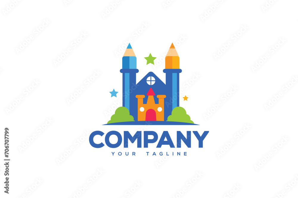 Creative logo design depicting a castle made from crayons. 