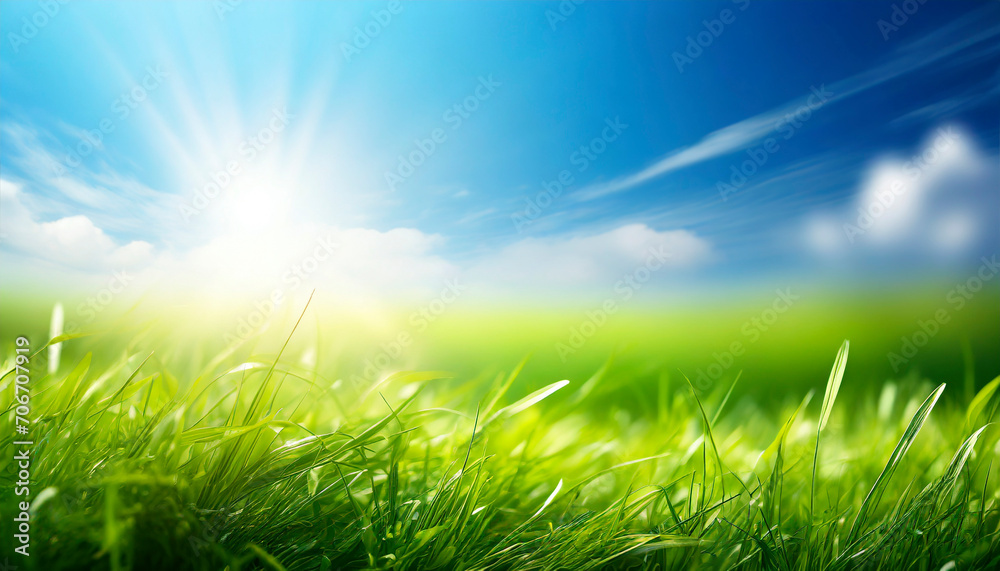 Green grass with blue sky and sun in the background. Nature background