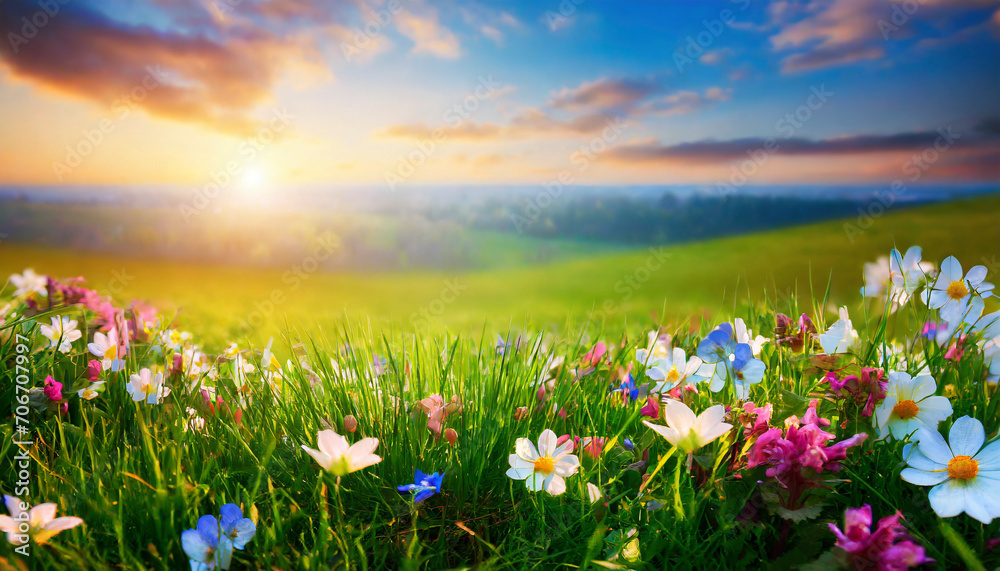 Beautiful spring landscape with flowers on the meadow at sunset.