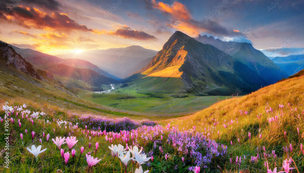 Mountain meadow with flowers at sunset. Colorful summer landscape.