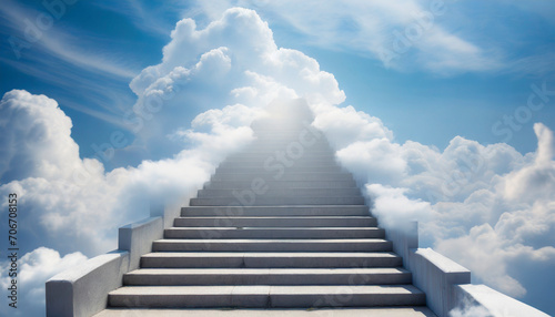 Staircase to heaven with blue sky and white clouds background.