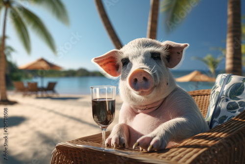 A pig wearing sunglasses and lounging with a coconut drink, capturing the laid-back and humorous side of swine relaxation. Concept of vacationing pigs. Generative Ai. photo