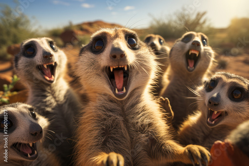 Fototapeta Naklejka Na Ścianę i Meble -  A group of meerkats engaging in a game of charades, highlighting the amusing social activities of these desert-dwelling creatures. Concept of meerkat charades. Generative Ai.