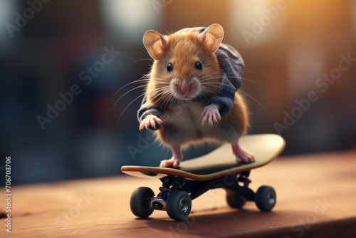 A mouse riding a miniature skateboard with finesse, illustrating the entertaining world of rodent extreme sports. Concept of skateboarding mice. Generative Ai. photo