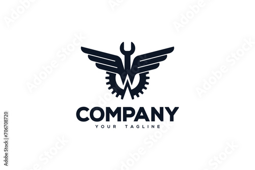 Creative logo design depicting an engine piston with wide and black wings on each side and a wrench. 