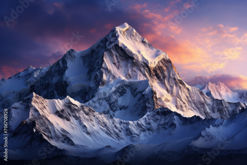 A serene mountain range kissed by the first light of dawn, portraying the majesty of natural landscapes. Concept of tranquil mountain beauty. Generative Ai.