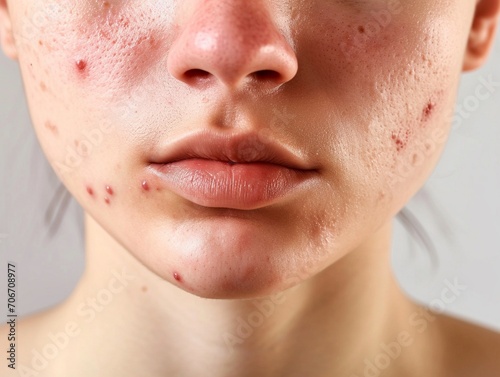 Teen girl with acne problem squeezing pimple indoors photo