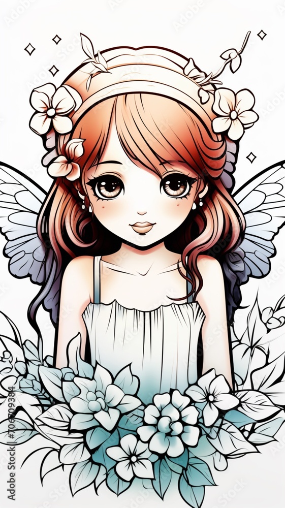 Cute girl with flower adult coloring page picture AI Generated art