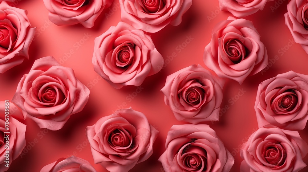 Red Roses Composition on Pastel Red Backdrop for Valentines, Birthdays, Womens and Mothers Day Red Roses Composition on Pastel Red Backdrop for Valentines, Birthdays, Womens and Mothers Day