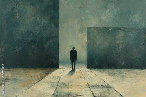 A captivating visual narrative showcasing a man in solitude, depicted in a minimalist oil painting with muted colors and gentle brushstrokes, creating a visually rich.