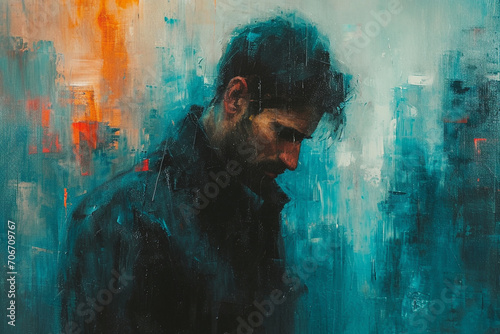 A sleek and modern oil painting featuring a man in quiet reflection, painted with bold strokes and subtle shades, capturing the simplicity. photo
