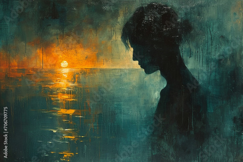 A sleek and modern oil painting featuring a man in quiet reflection, painted with bold strokes and subtle shades, capturing the simplicity. photo
