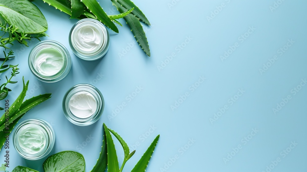 Natural aloe skincare flat lay, glass containers with gel and creams, surrounded by aloe vera leaves. Blue background Natural aloe skincare flat lay, glass containers with gel and creams, surrounded by aloe vera leaves. Blue background
