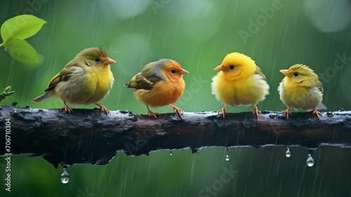 Cute group of little birds sitting rain tree branch photography photo