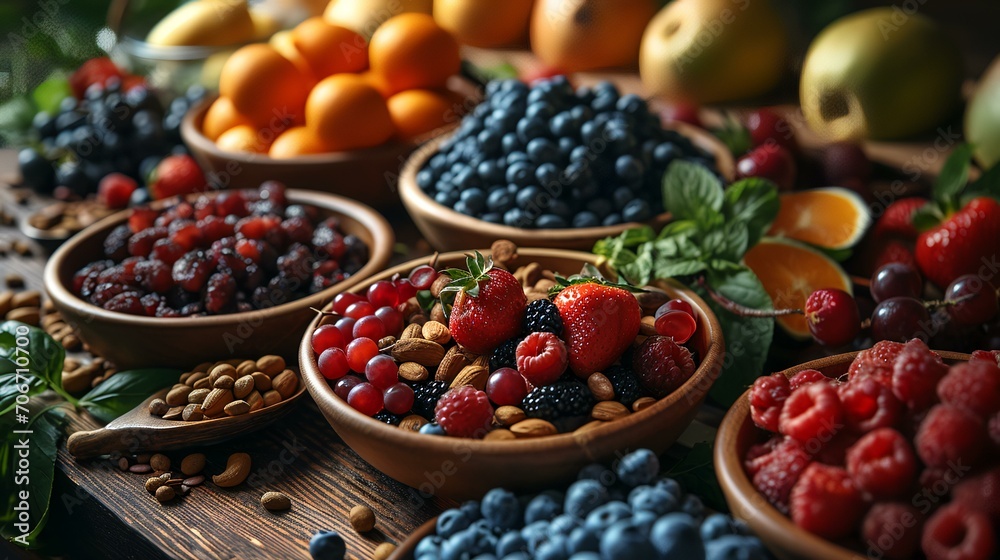 Healthy fruits and berries in bowls on wooden table, closeup Healthy fruits and berries in bowls on wooden table, closeup