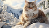 Adorable brown fluffy cat, sitting on snow, in beautiful winter landscape