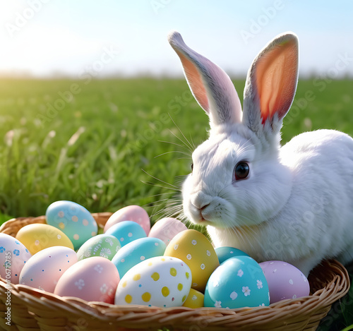 EASTER BUNNY WITH EASTER EGGS AT THE FIELD © Kaos