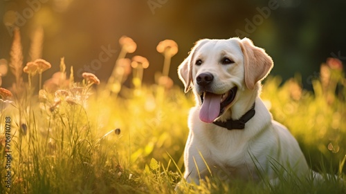Cute labrador dog sitting on grass garden picture photo