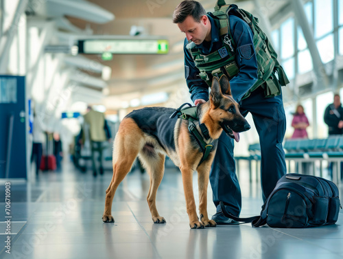 Airport security officer and German shepherd search for drugs in luggage