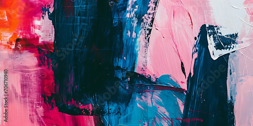Uma imagem de close-up impactante de uma grande tela preenchida com pinceladas ousadas e vibrantes, mostrando a natureza expressiva e espontânea da arte abstrata. photo