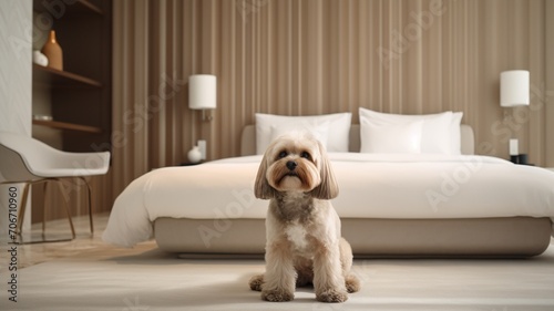 Cute lhasa apso dog rest lying on bed picture
