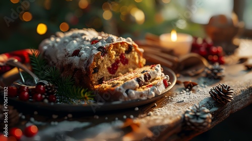 Christmas cake with nuts and strawberries on a wooden table. Selective focus.