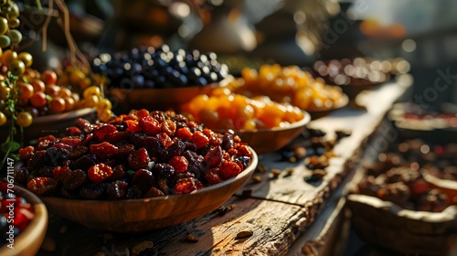 Assortment of dried fruits and berries in wooden bowls. Selective focus.