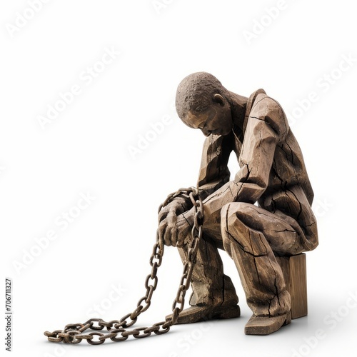 Wooden Sculpture of a Man Sitting on Bench