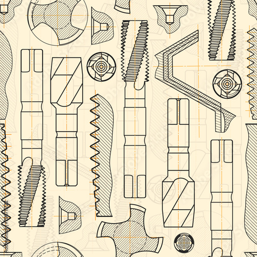 Mechanical engineering drawings on sepia background. Tap tools, borer. Technical Design. Cover. Blueprint. Seamless pattern. Vector illustration.