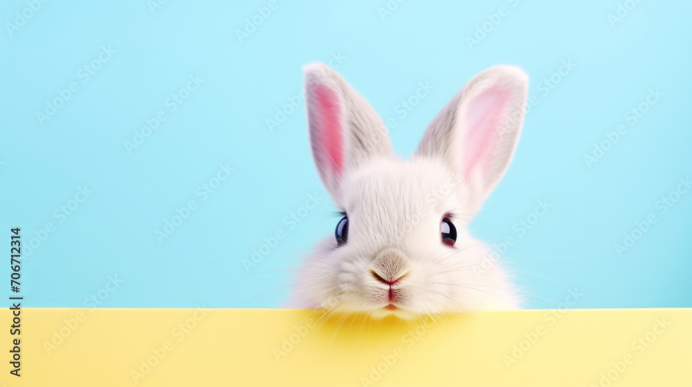 Easter Bunny Rabbit Looking Over Signboard on Yellow and Blue Background Banner