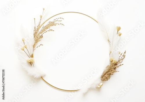 Autumn Boho Wreath of Dry Wildflowers and White Feathers