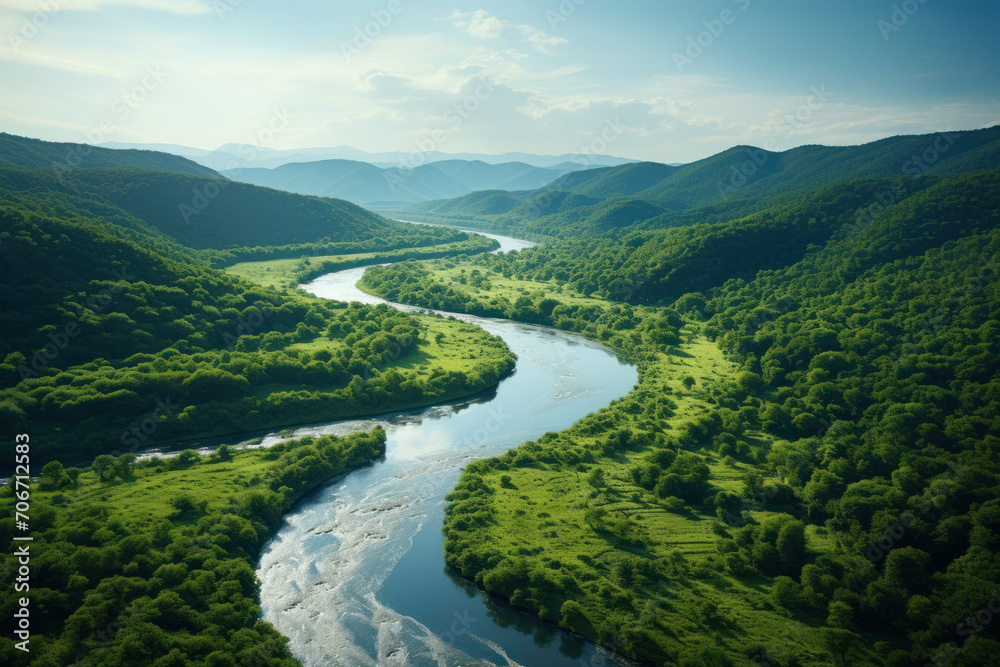 A meandering river cutting through lush green valleys, portraying the life-giving flow of freshwater ecosystems. Concept of river vitality. Generative Ai.