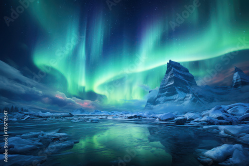 A breathtaking aurora borealis painting the night sky with vibrant colors, capturing the awe-inspiring wonder of celestial phenomena. Concept of northern lights. Generative Ai. © Sebastian