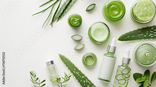 Flat lay of aloe skincare products, jars and bottles with aloe vera leaves on white background