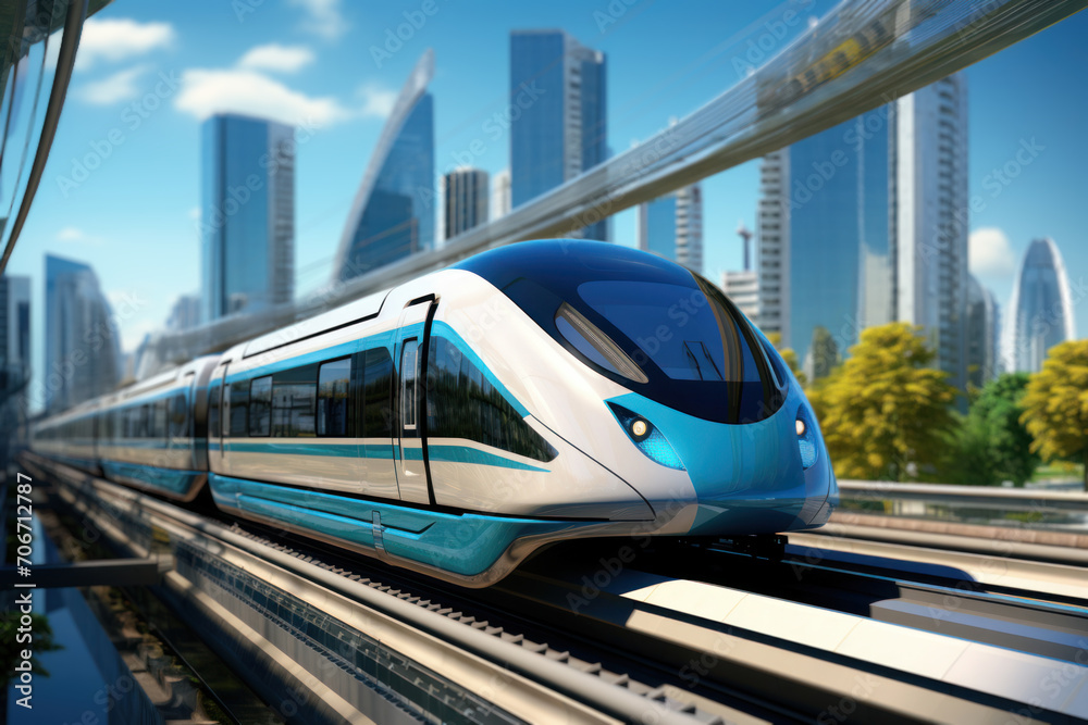 Naklejka premium A futuristic high-speed train racing along elevated tracks, illustrating the efficiency and speed of modern transportation. Concept of high-speed rail. Generative Ai.