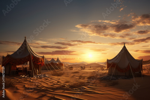 A group of nomadic tents set against a desert sunset, illustrating the resilience and adaptability of nomadic lifestyles. Concept of desert nomads. Generative Ai.