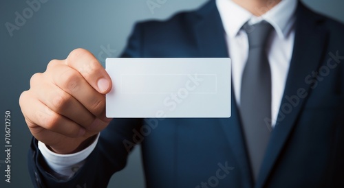 A man holding a business card, a packet of business cards