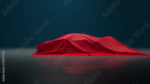 Red velvet textile sheet slowly reveals a brand new supercar prototype design 4K photo