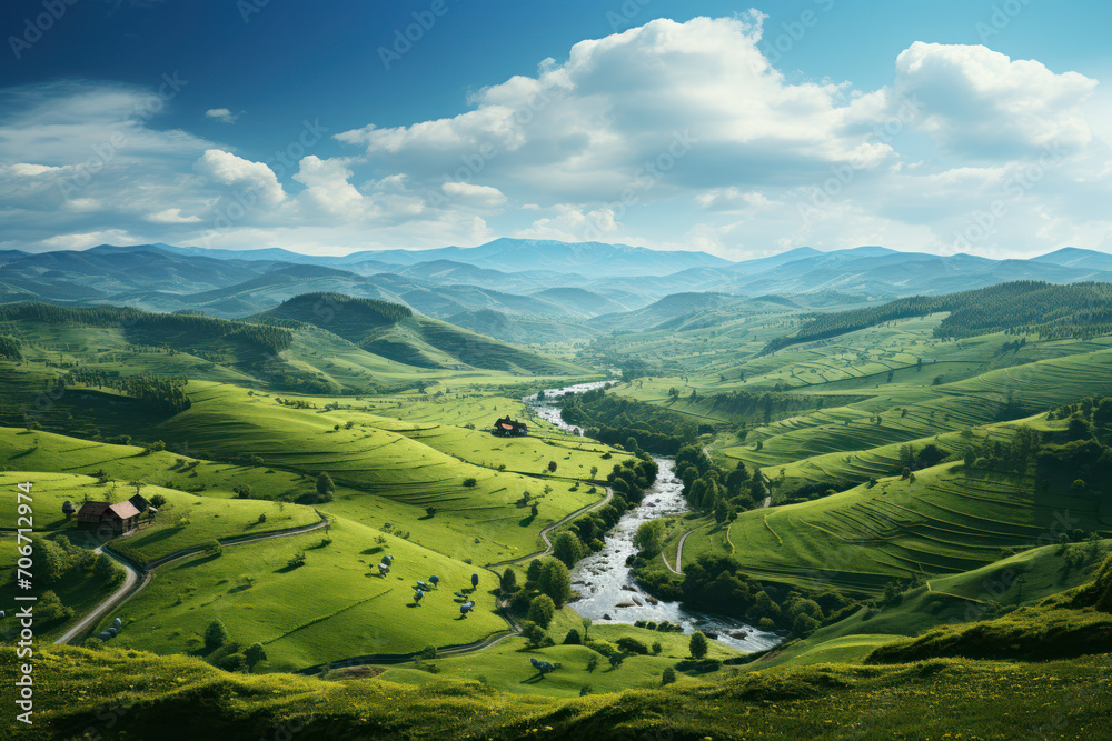 A panoramic view of a serene countryside with rolling hills and patchwork fields, showcasing the bucolic charm of rural landscapes. Concept of countryside tranquility. Generative Ai.