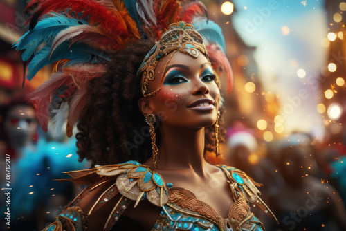 A lively and colorful carnival procession with performers in elaborate costumes, reflecting the joyous celebration of cultural festivals. Concept of carnival festivities. Generative Ai.