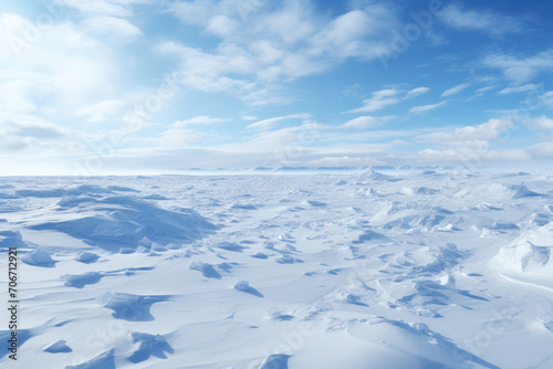 A vast and arctic tundra landscape with snow-covered plains, illustrating the harsh yet breathtaking environments of polar regions. Concept of frozen tundra. Generative Ai. © Sebastian
