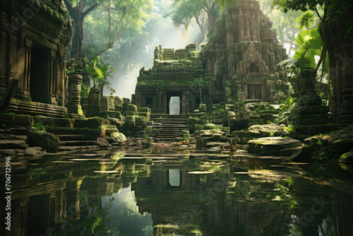 A tranquil and ancient temple nestled in a lush forest  reflecting the spiritual harmony between nature and architecture. Concept of sacred temples. Generative Ai.