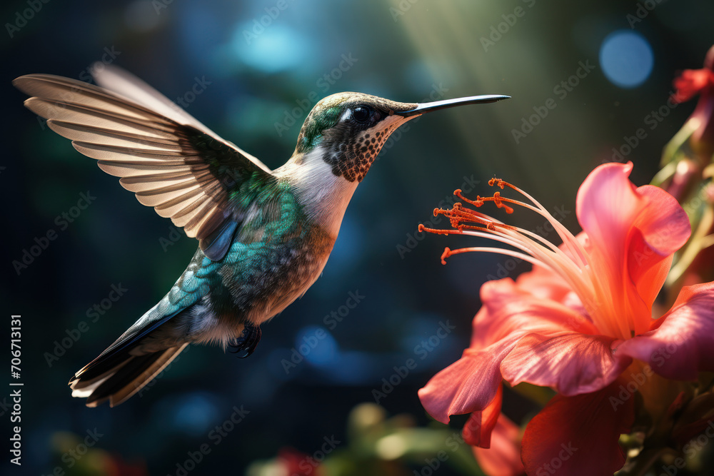 Fototapeta premium A hummingbird hovering near a vibrant flower, capturing the essence of nature's fastest avian species. Concept of agile wildlife. Generative Ai.